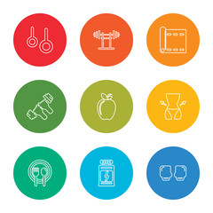 outline stroke gloves, proteins, food, body, apple, dumbbell, yoga mat, dumbbell, rings, vector line icons set on rounded colorful shapes