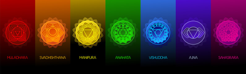 Chakra symbols set on dark background. Different styles, modern simple geometric icons and traditional sanskrit signs. Vector illustration. - obrazy, fototapety, plakaty