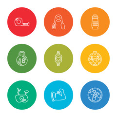outline stroke pills, muscle, stationary bike, pulse, smartwatch, kettlebell, bottle, handgrip, measure tape, vector line icons set on rounded colorful shapes
