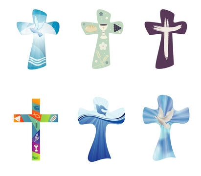 Set modern isolated vector Christian crosses. Religious signs. Cross collection with symbols of Christianity