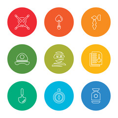 outline stroke vase, compass, shovel, document, mummy, hat, hammer, shovel, skull, vector line icons set on rounded colorful shapes