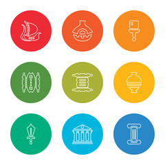 outline stroke columns, pantheon, swords, ancient jar, papyrus, map, brush, ancient jar, viking ship, vector line icons set on rounded colorful shapes
