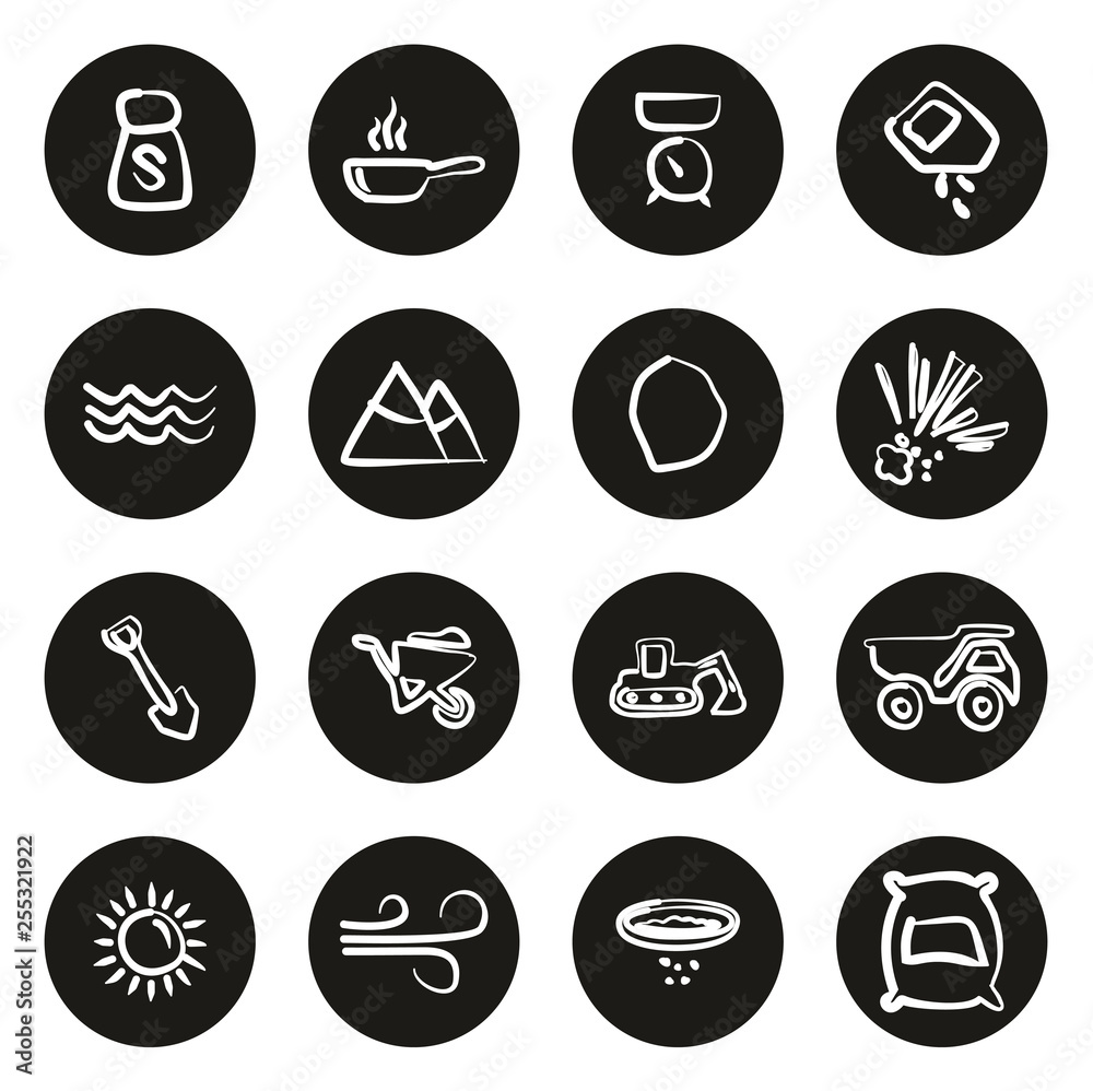 Sticker Salt or Salt Mining Icons Freehand White On Black Circle