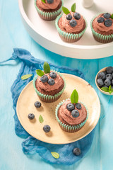 Cupcake with blueberries and chocolate cream on blue table