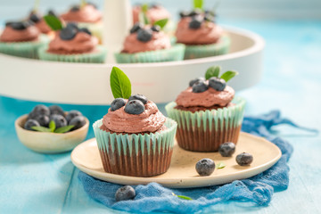 Muffin made of chocolate cream and berries