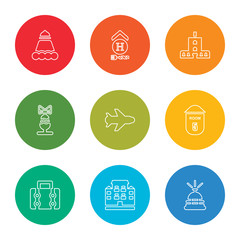 Fototapeta premium outline stroke bell, hotel, luggage, key card, plane, cocktail, hostel, hotel, room service, vector line icons set on rounded colorful shapes