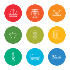 outline stroke beach hotel, bed, champagne, safe, doorknob, bathtub, beach, restaurant, sailing boat, vector line icons set on rounded colorful shapes
