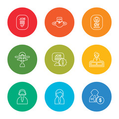 outline stroke salary, women, man, hiring, notification, microphone, curriculum, job, contract, vector line icons set on rounded colorful shapes