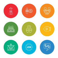 outline stroke strategy, job, clothes, briefcase, position, interview, teamwork, salary, idea, vector line icons set on rounded colorful shapes