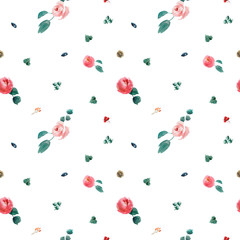 Wedding bridal watercolor seamless pattern, red and pink and green flowers wreath ornament