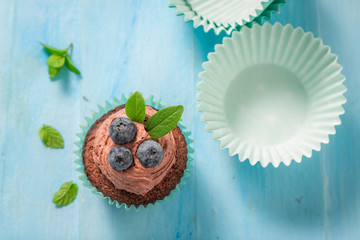 Delicious cupcake made of chocolate cream and berries