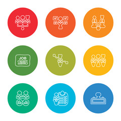 outline stroke desk, skills, analysis, candidates, skills, job search, scale, skills, teamwork, vector line icons set on rounded colorful shapes
