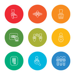 outline stroke skills, searching, curriculum, settings, conversation, certificate, working, candidate, employee, vector line icons set on rounded colorful shapes
