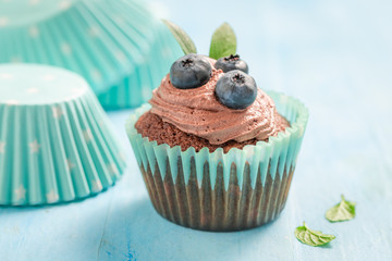 Delicious cupcake with blueberries and chocolate cream