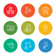 outline stroke textile, robotic arm, wheelbarrow, temperature, product, warehouse, cpu, package, boxes, vector line icons set on rounded colorful shapes