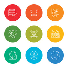 Fototapeta premium outline stroke lifebuoy, ssl, unlock, firewall, download, networking, antivirus, wifi, database, vector line icons set on rounded colorful shapes