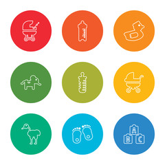outline stroke cubes, footprints, stork, baby carriage, feeding bottle, elephant, rubber duck, feeding bottle, baby carriage, vector line icons set on rounded colorful shapes