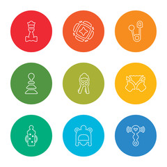 outline stroke rattle, baby hat, baby cup, diaper, keys, pyramidal toy, pin, ball, bell rattle, vector line icons set on rounded colorful shapes