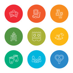 outline stroke pregnancy, family, feet, rocking horse, calendar, cradle, cubes, ultrasound, scale, vector line icons set on rounded colorful shapes