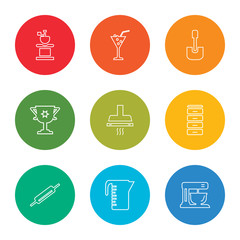 outline stroke mixer, measuring cup, rolling pin, cabinet, extractor hood, cup, paddle, cocktail, coffee grinder, vector line icons set on rounded colorful shapes