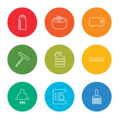 outline stroke brush, coffee maker, extractor hood, ice cube tray, soap dispenser, corkscrew, toaster, bowl, pepper, vector line icons set on rounded colorful shapes