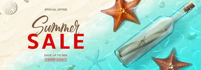 Fototapeta na wymiar Summer sale advertisement banner. Horizontal banner with realistic glass bottle with message, seashells and starfishes on beach in sea water. Vector illustration with special discount offer.