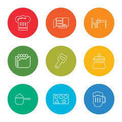 outline stroke beer, ice cube tray, scoop, pot, bottle opener, mould, table, cabinet, chef hat, vector line icons set on rounded colorful shapes