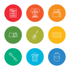 outline stroke conserve, apron, paddle, ice cube tray, pizza cutter, towel, toaster, coffee maker, dishwasher, vector line icons set on rounded colorful shapes