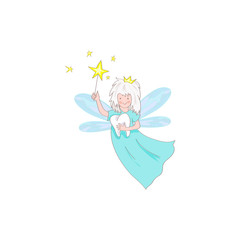 Cute kawaii tooth fairy with magic stick and tooth icon isolated