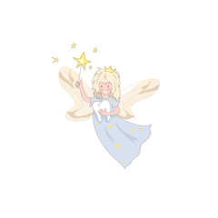 Cute kawaii tooth fairy with magic stick and tooth icon isolated