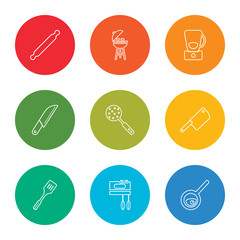 outline stroke frying pan, mixer, spatula, cleaver, skimmer, knife, mixer, barbecue, rolling pin, vector line icons set on rounded colorful shapes