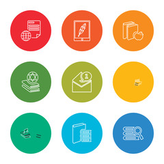 outline stroke book, book, song, book, mail, ebook, paper, vector line icons set on rounded colorful shapes