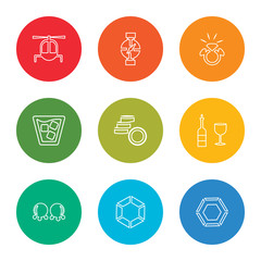 outline stroke diamond, diamond, earrings, wine, coin, cocktail, diamond ring, watch, helicopter, vector line icons set on rounded colorful shapes