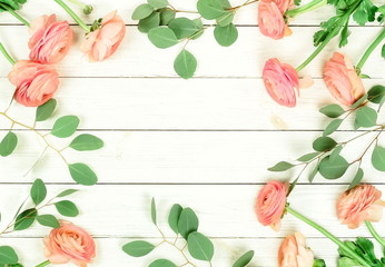 Flowers composition background . Pink flowers ranunkulus and eucalyptus leaves frame  on white wooden background. Top view. Copy space. Flat lay