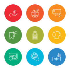 outline stroke money, tap, tap, exchange, price tag, coupon, cit card, worldwide, get money, vector line icons set on rounded colorful shapes