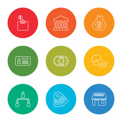 outline stroke shop, tag, hierarchical structure, pie chart, diagrams, id card, get money, bank, piggy bank, vector line icons set on rounded colorful shapes