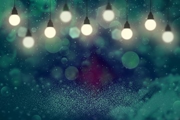 nice shiny glitter lights defocused bokeh abstract background with light bulbs and falling snow flakes fly, celebratory mockup texture with blank space for your content