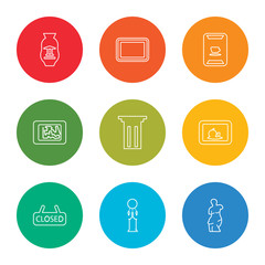 outline stroke venus de milo, dreamcatcher, closed, still life, column, map, pop art, painting, souvenir, vector line icons set on rounded colorful shapes