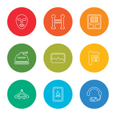 outline stroke audio guide, cafe, hanger,  , painting, tank, book, fencing, mask, vector line icons set on rounded colorful shapes