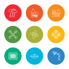 outline stroke prawn facing left, captain hat, ocean waves, big float, ship engine, double paddle, tanker ship, yacht facing right, rainy cloud, vector line icons set on rounded colorful shapes