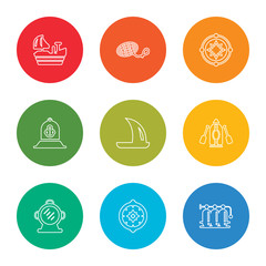 Fototapeta premium outline stroke oxygen tank, wind rose, aqualung, kayak, windsurf, bell, compass, rope knot, ferry facing right, vector line icons set on rounded colorful shapes