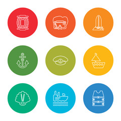 Fototapeta premium outline stroke life jacket, roofless speed boat, big shell, classic ship, sailor hat, big anchor, one surfboard, swin goggle, big crate, vector line icons set on rounded colorful shapes