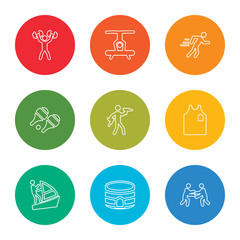 outline stroke wrestling, stadium, wind surf, shirt, target shooter, pin pong, track field, gymnastic, weightlifter, vector line icons set on rounded colorful shapes