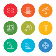 outline stroke target, water sport, long jump, canoe, boxing, kayak, skates, kayak, field, vector line icons set on rounded colorful shapes