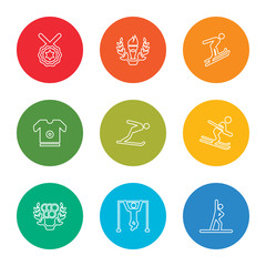 outline stroke gymnast, gymnast, sport games, ski, ski, equiptment, ski jump, sport games, medal, vector line icons set on rounded colorful shapes