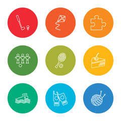 outline stroke yarn ball, walkie talkies, swimming, cake, tennis, foosball, puzzle, kite, golf, vector line icons set on rounded colorful shapes