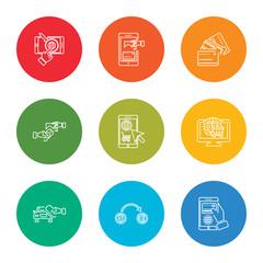 outline stroke payment method, exchange, payment method, online shop, online shop, payment method, cit card, vector line icons set on rounded colorful shapes