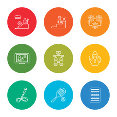 outline stroke seller, tennis player, calligraphist, gardener, diver, announcer, process, leadership, leadership, vector line icons set on rounded colorful shapes