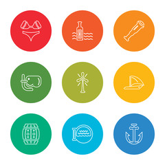 outline stroke sailboat anchor, boat porthole, big barrel, round sailboat, boat engine, diving mask, antique telescope, message in a bottle, lady swimwear, vector line icons set on rounded colorful