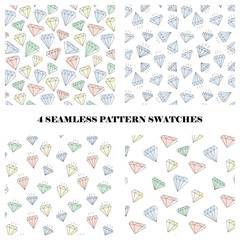 Vector set of 4 diamond doodle seamless repeat pattern swatches in pastel colors. Simple girly background.